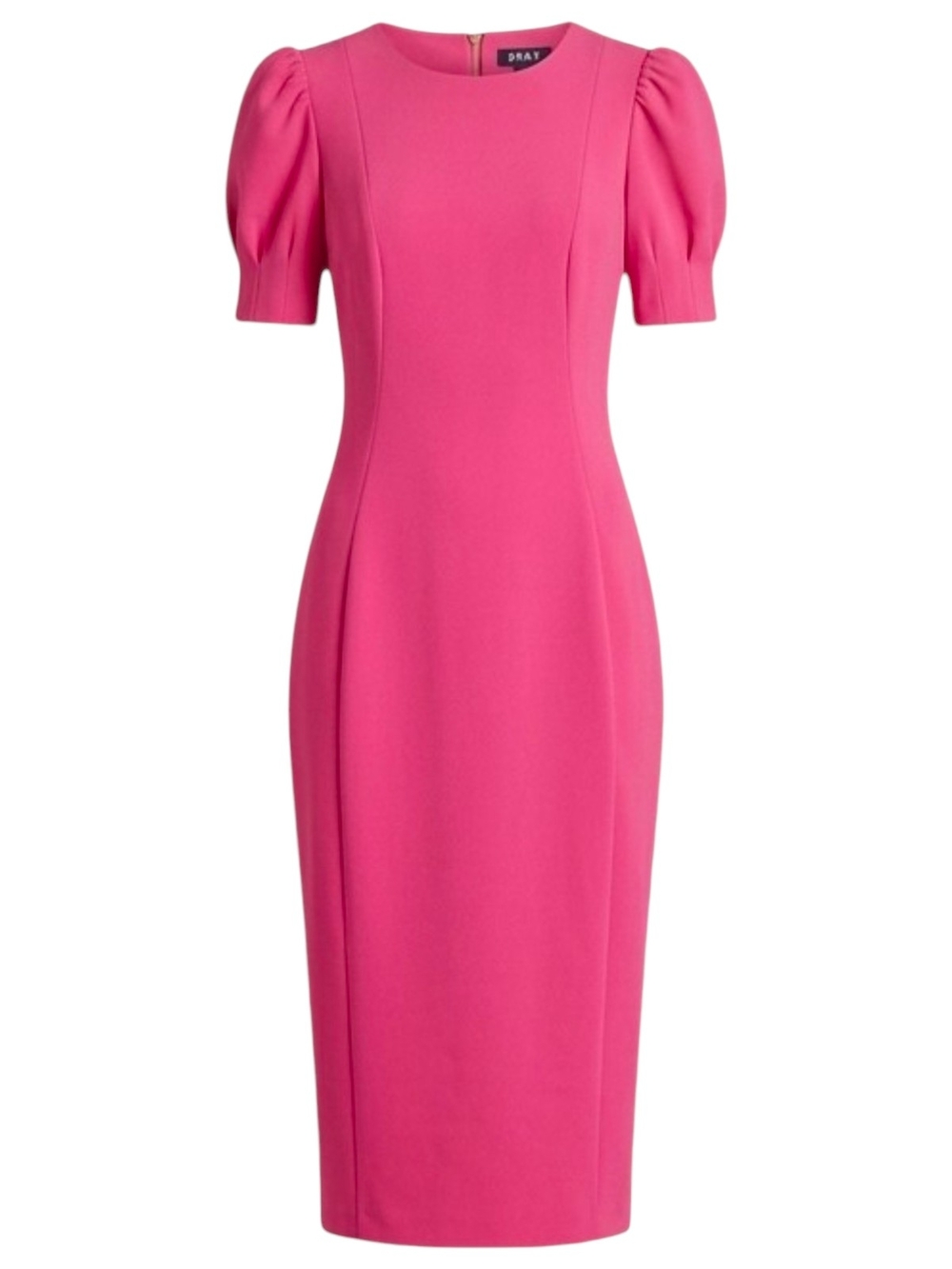 DKNY Hot Pink Midi Sheath Dress with Puff Sleeves